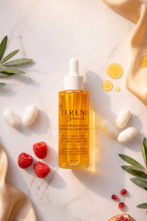 All-Natural Silky Raspberry Body Elixir with SPF: Body Serum Made With Essential Oils And UV Protection | Anti-Wrinkle, Vitamin A, And Vitamin C - Tereno Botanicals