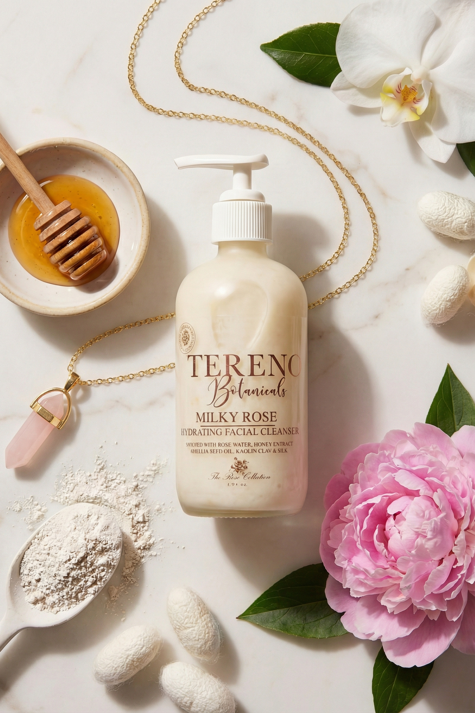 Milky Gel Facial Cleanser, 8 oz Glass Bottle: Sensitive Skin Cream Cleanser With Rose Water, Kaolin Clay, And Rose Water - Tereno Botanicals