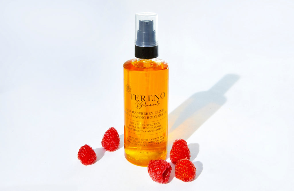 All-Natural Silky Raspberry Body Elixir with SPF: Body Serum Made With Essential Oils And UV Protection | Anti-Wrinkle, Vitamin A, And Vitamin C - Tereno Botanicals